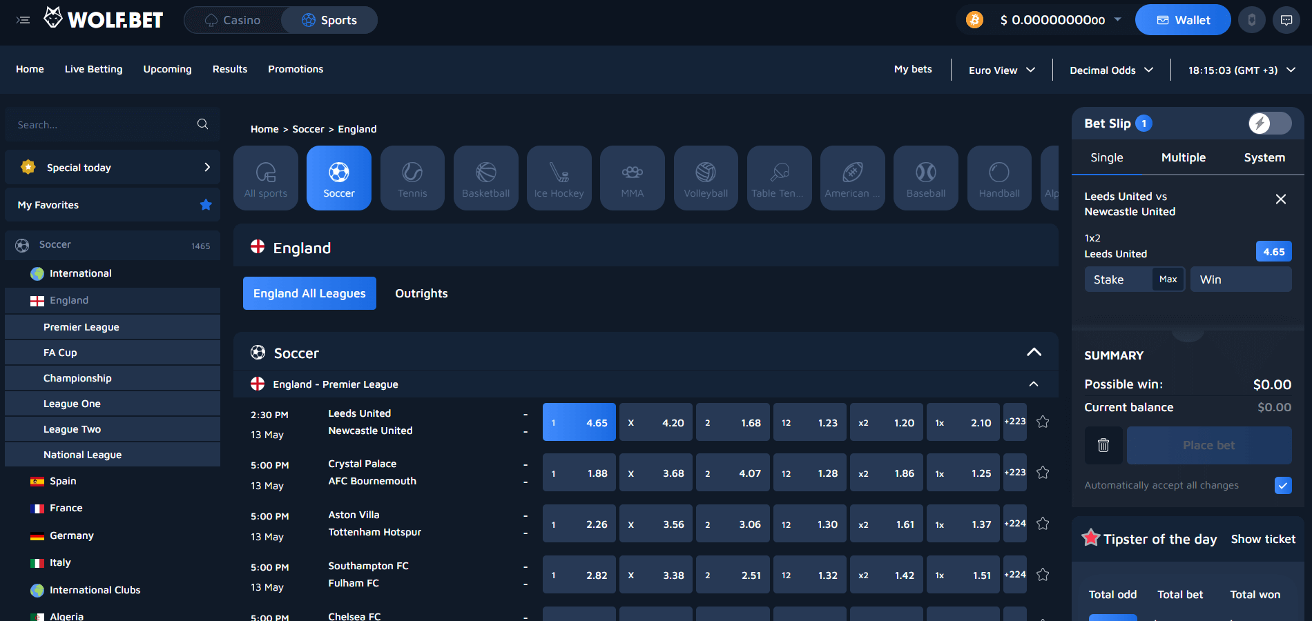 Wolfbet スポーツベッティングのページ