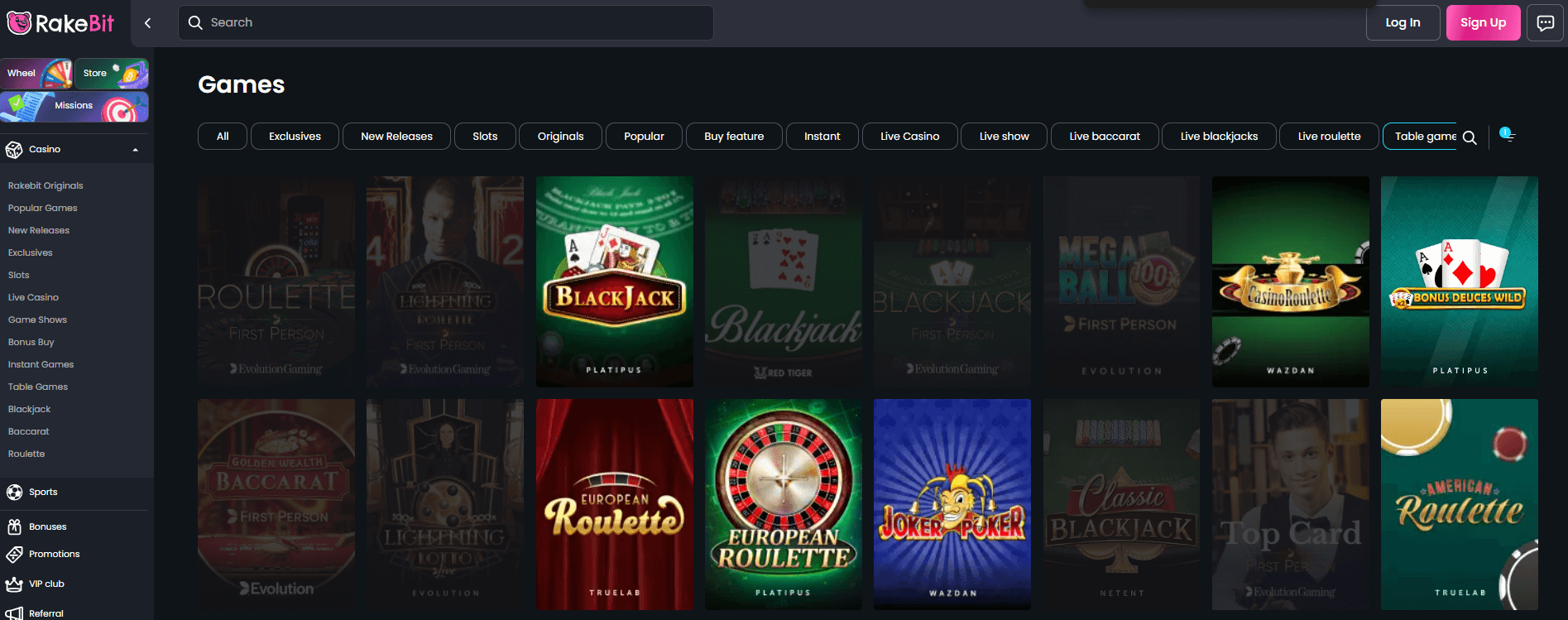 Rakebitテーブルゲーム